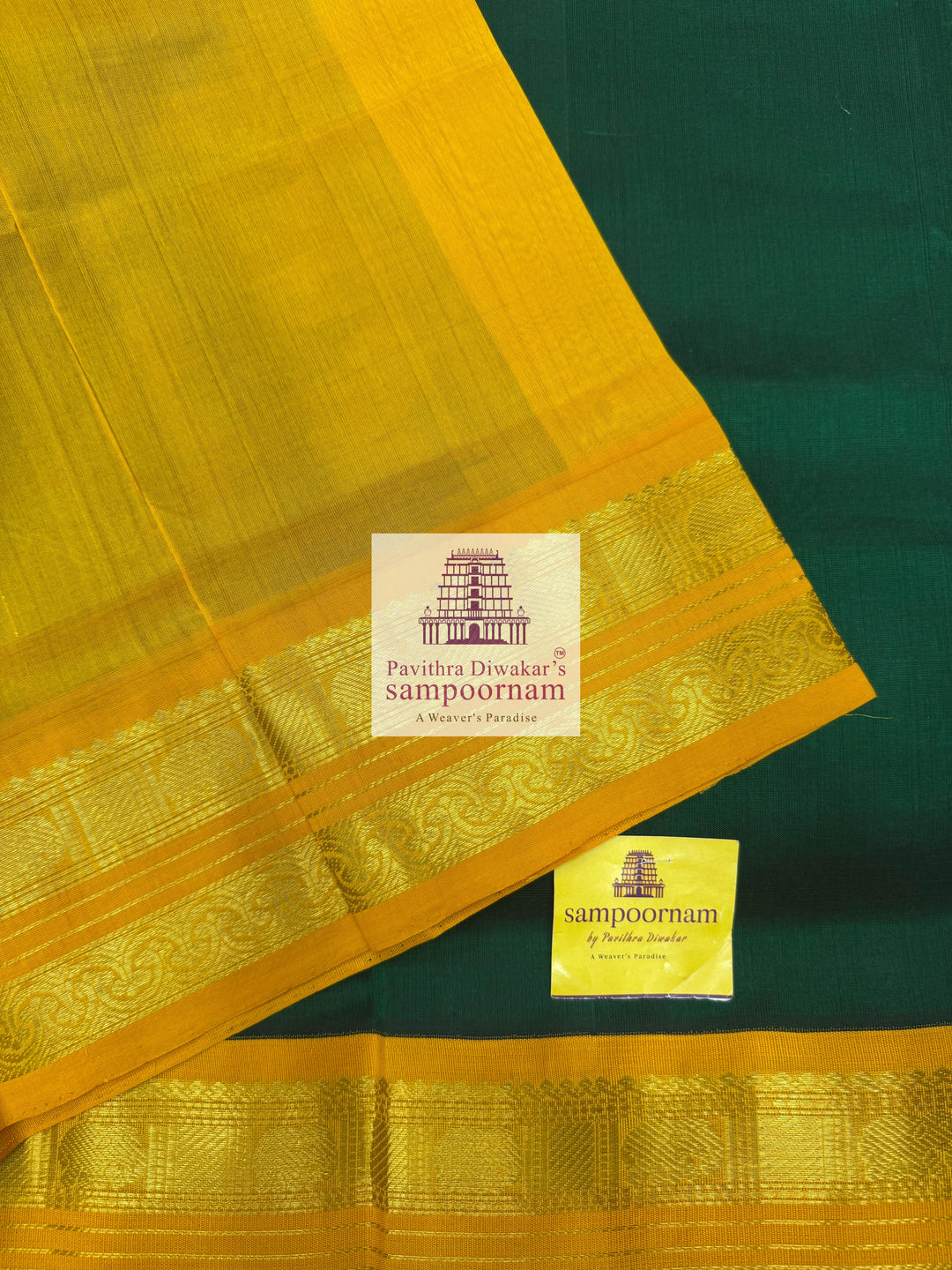 Dark Green with Mustard , rettapet border and grand Pallu Silk Cotton Saree