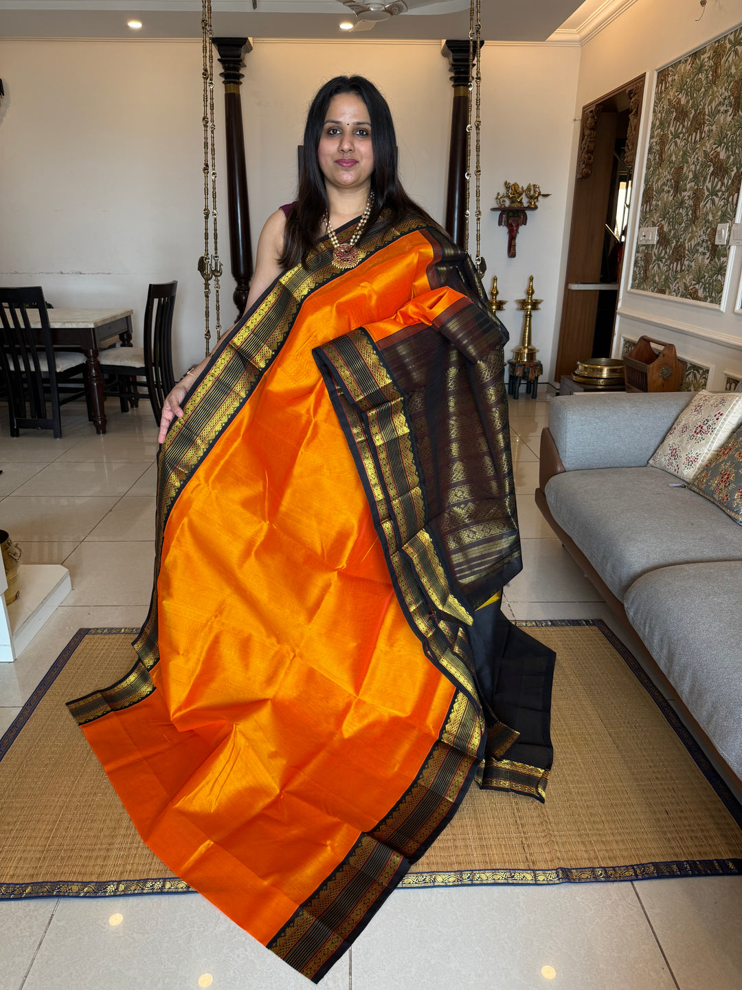 Mambazha Manjal with Black traditional borders with rich Pallu  Korvai Silk Cotton Saree