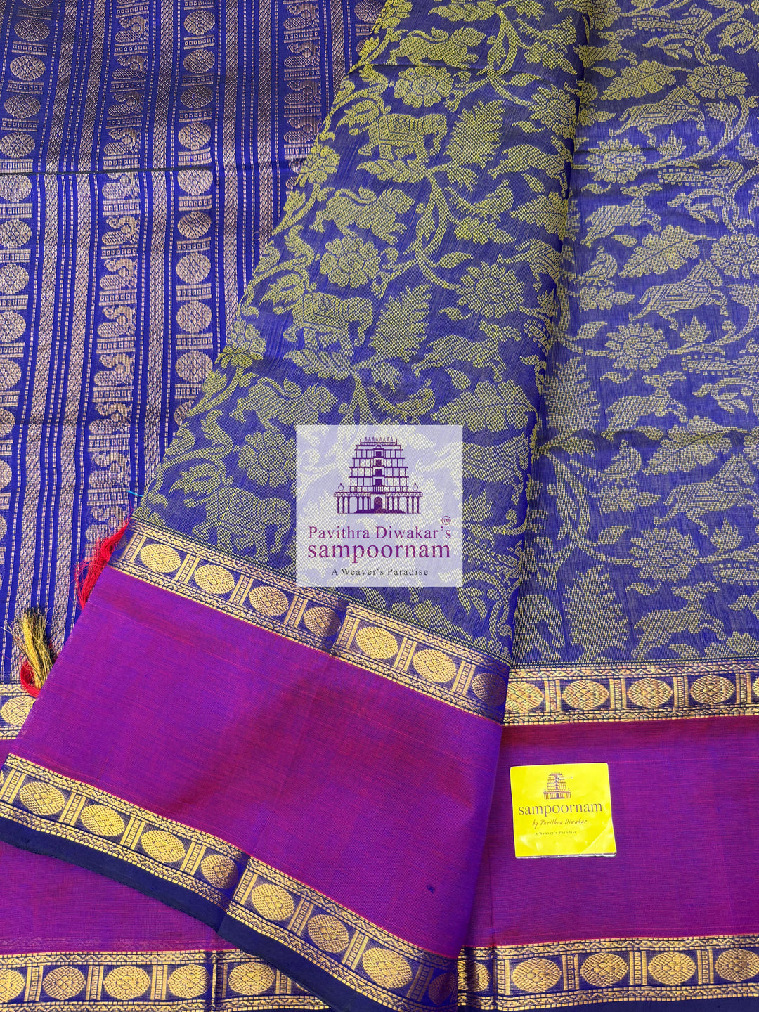 Dark Blue with Purple,Rettapet Rudraksh Border , Vanasingaaram Thread Butta all over and rich Pallu Silk Cotton Saree