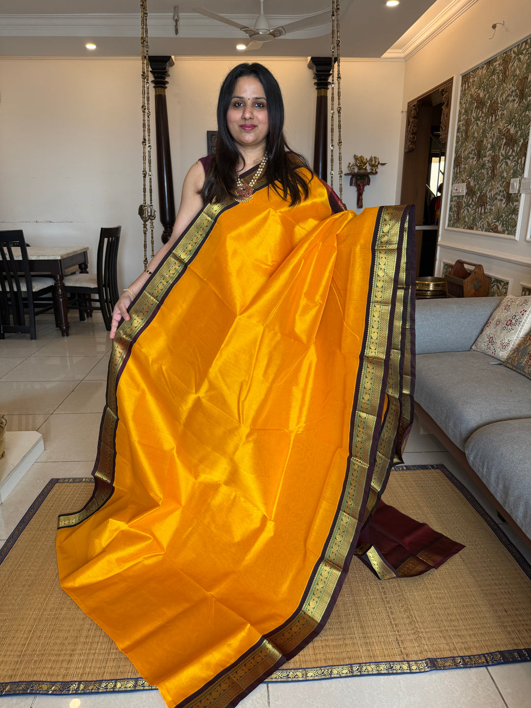 Mambazha Manjal with Araku , traditional borders and rich Pallu Korvai Silk Cotton Saree