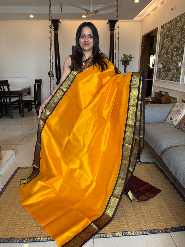 Mambazha Manjal with Araku , traditional borders and rich Pallu Korvai Silk Cotton Saree