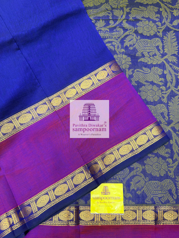 Dark Blue with Purple,Rettapet Rudraksh Border , Vanasingaaram Thread Butta all over and rich Pallu Silk Cotton Saree