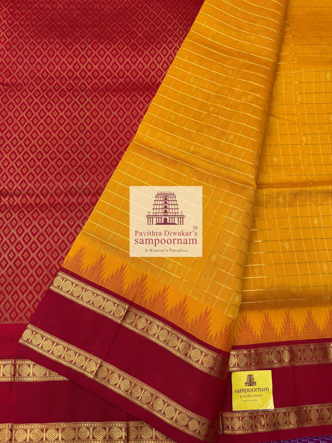 Mambazha Manjal with Red Zari checks in the body , temple rettapet border and grand Pallu Korvai Silk Cotton Saree