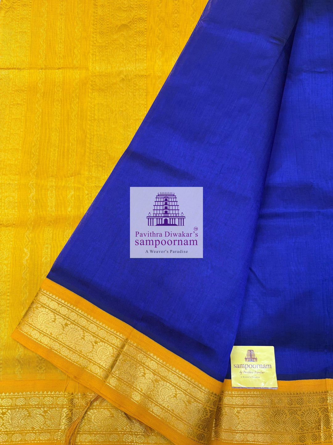 MS Blue with Yellow , traditional borders and rich Pallu Korvai Silk Cotton Saree