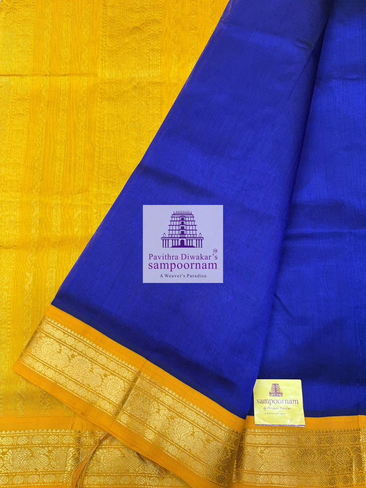 MS Blue with Yellow , traditional borders and rich Pallu Korvai Silk Cotton Saree