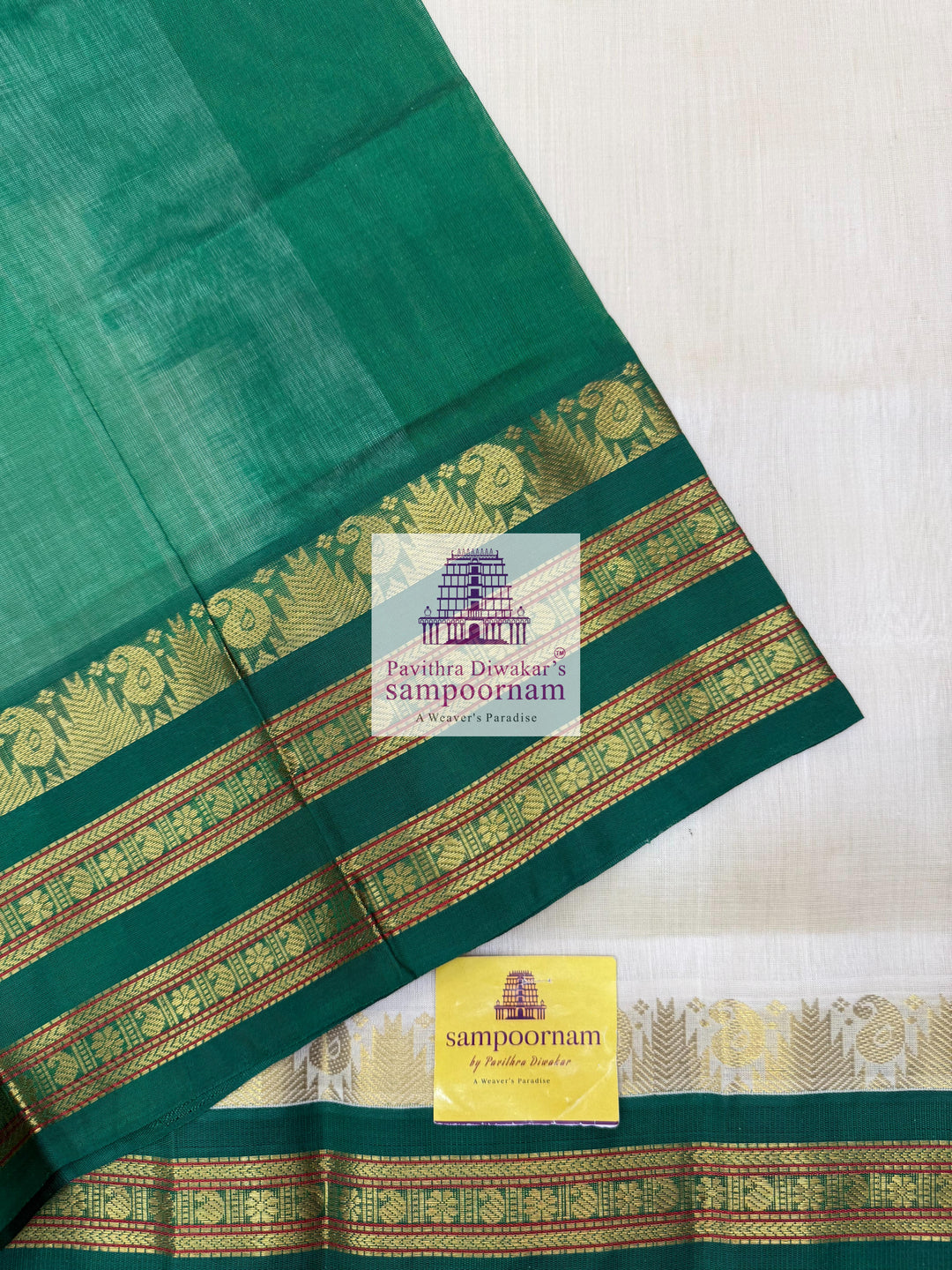 Offwhite with Green , Temple design with rettapet borders and rich Pallu Korvai Silk Cotton Saree