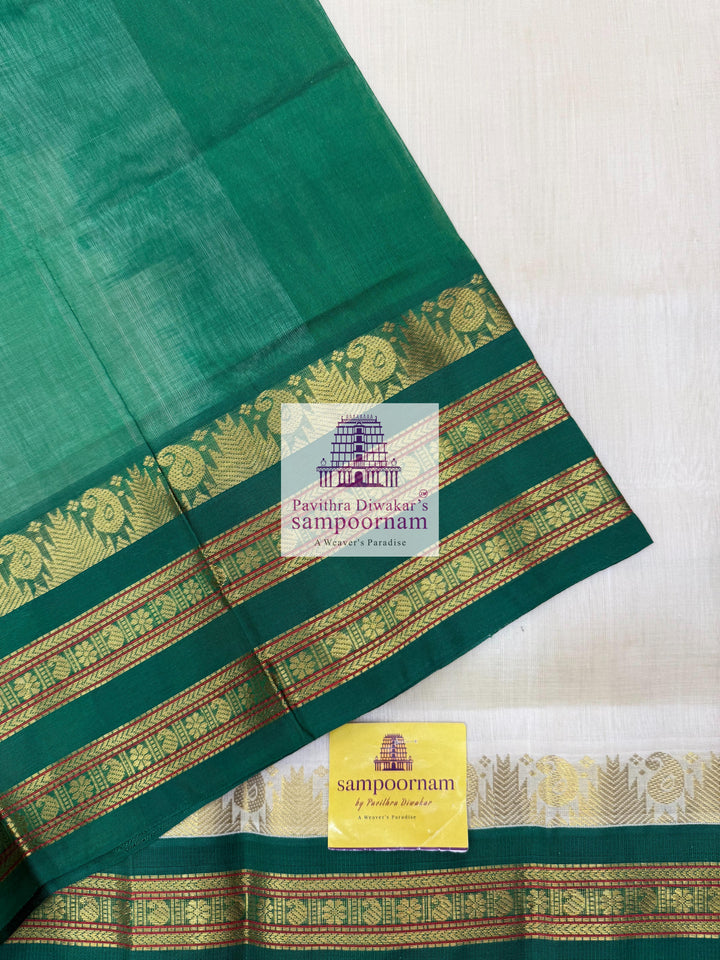 Offwhite with Green , Temple design with rettapet borders and rich Pallu Korvai Silk Cotton Saree