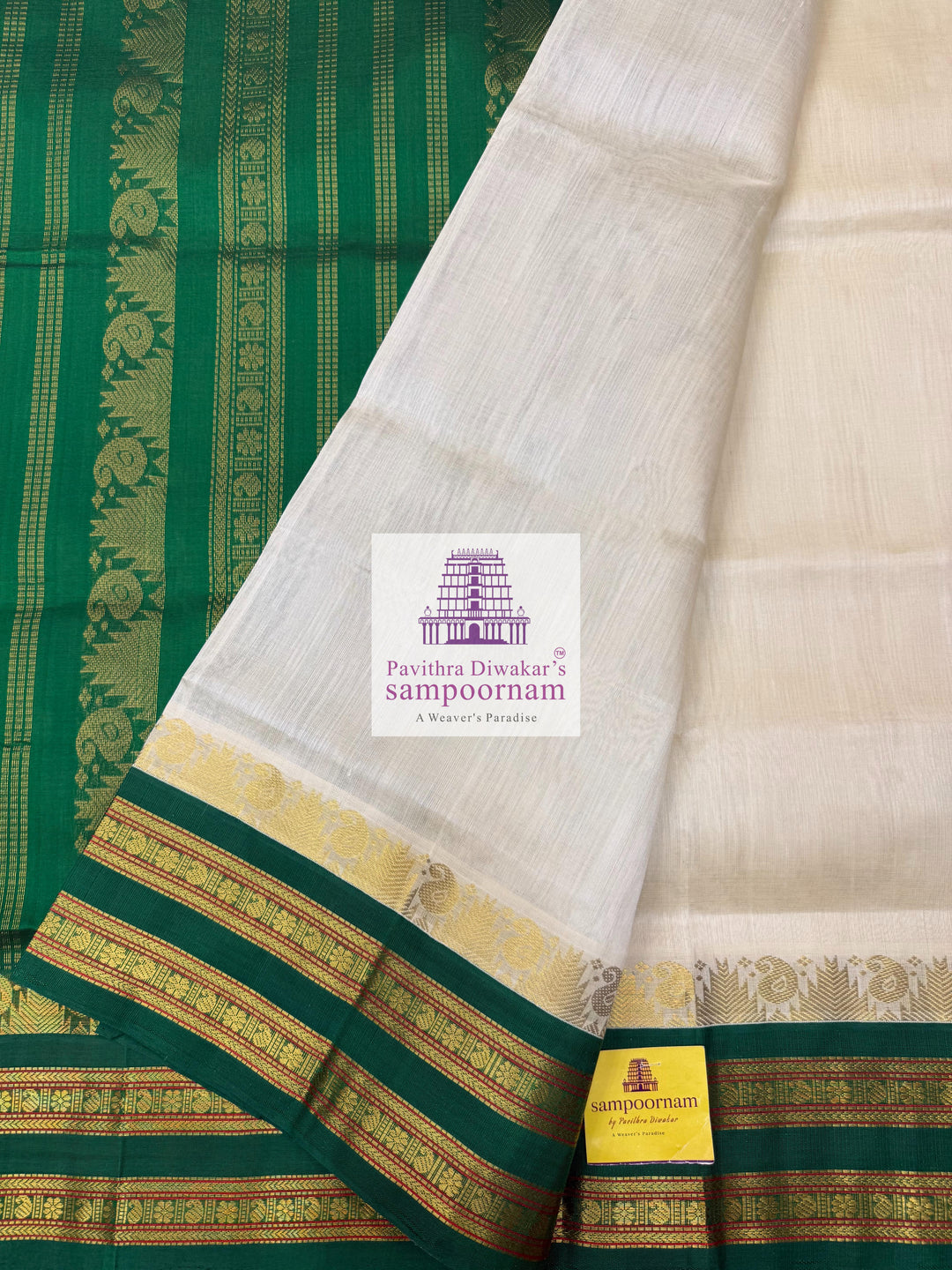 Offwhite with Green , Temple design with rettapet borders and rich Pallu Korvai Silk Cotton Saree
