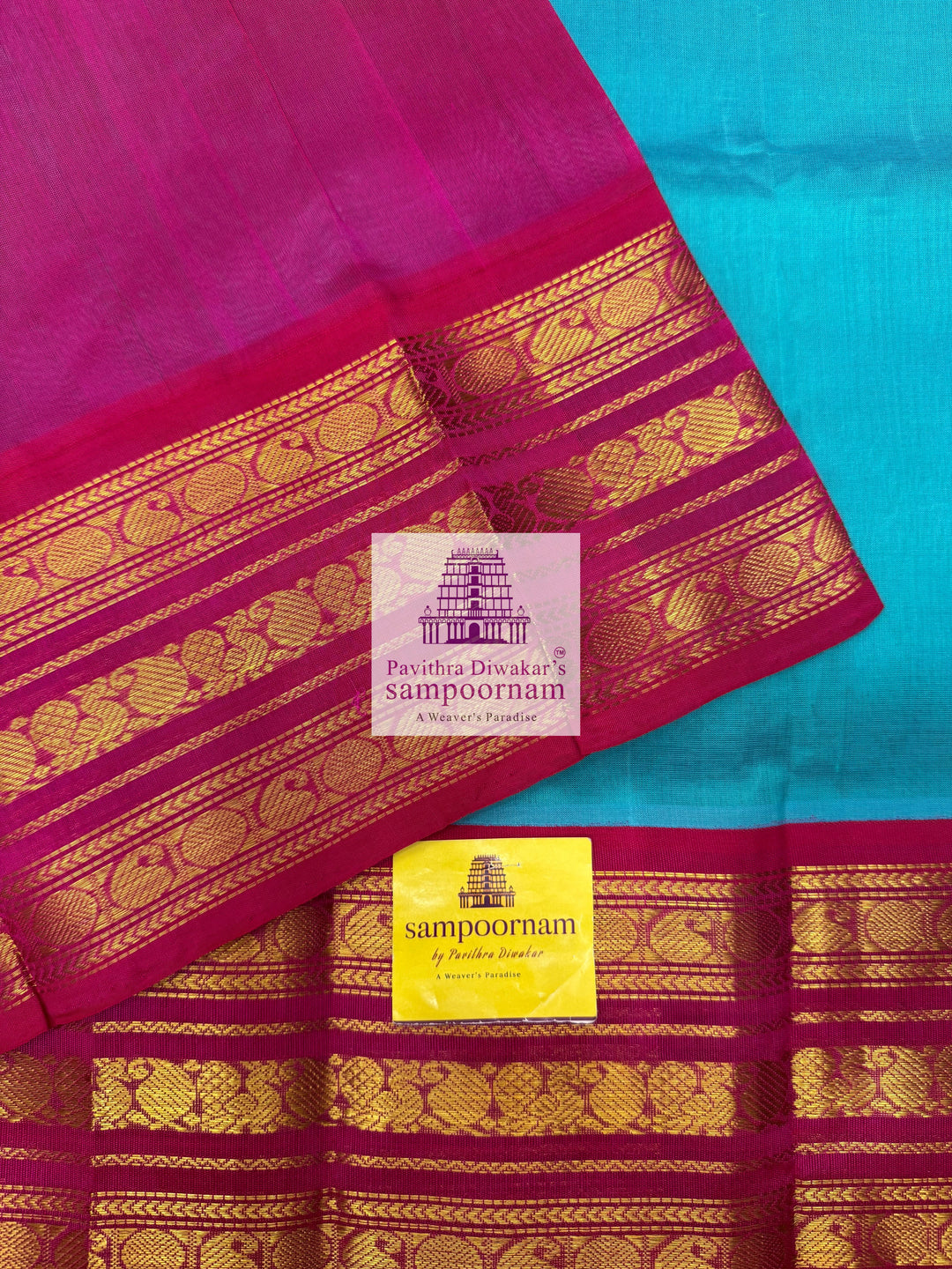 Light Blue with Pink , Kanchi traditonal borders and rich Pallu Korvai Silk Cotton Saree