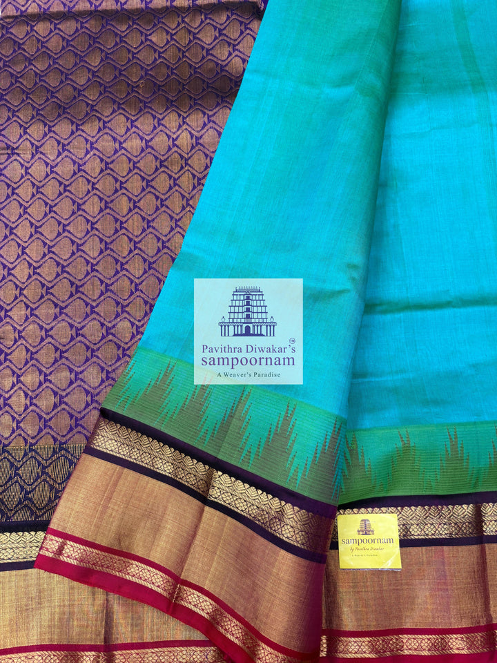 Ramar Blue with Purple , One side triple coloured rich Temple Tissue border ,grand Pallu Korvai Silk Cotton Saree