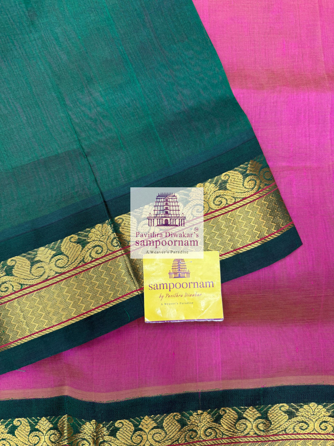 Double shaded Magenta with Green , traditional borders and rich Pallu Korvai Silk Cotton Saree