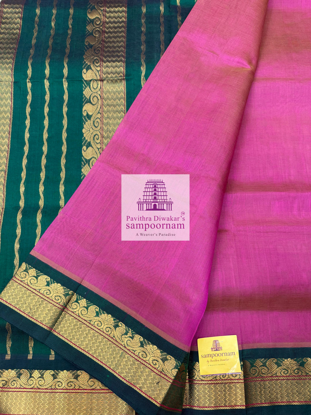 Double shaded Magenta with Green , traditional borders and rich Pallu Korvai Silk Cotton Saree