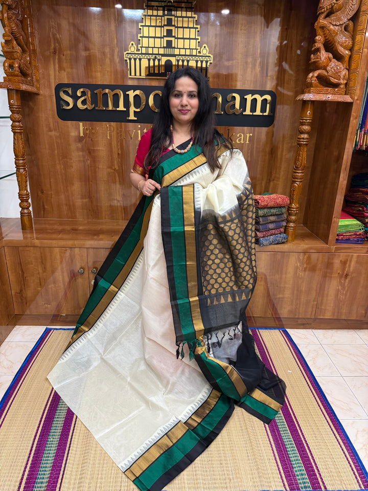 White with Black , Triple Temple Borders and rich Pallu Korvai Silk Cotton Saree