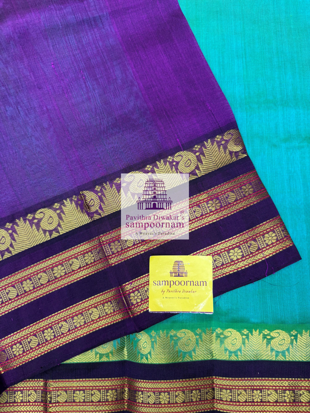 Ramar Blue with Purple , Temple design with rettapet border and rich Pallu Korvai Silk Cotton Saree