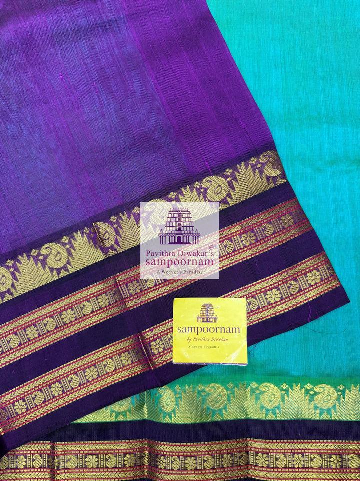 Ramar Blue with Purple , Temple design with rettapet border and rich Pallu Korvai Silk Cotton Saree