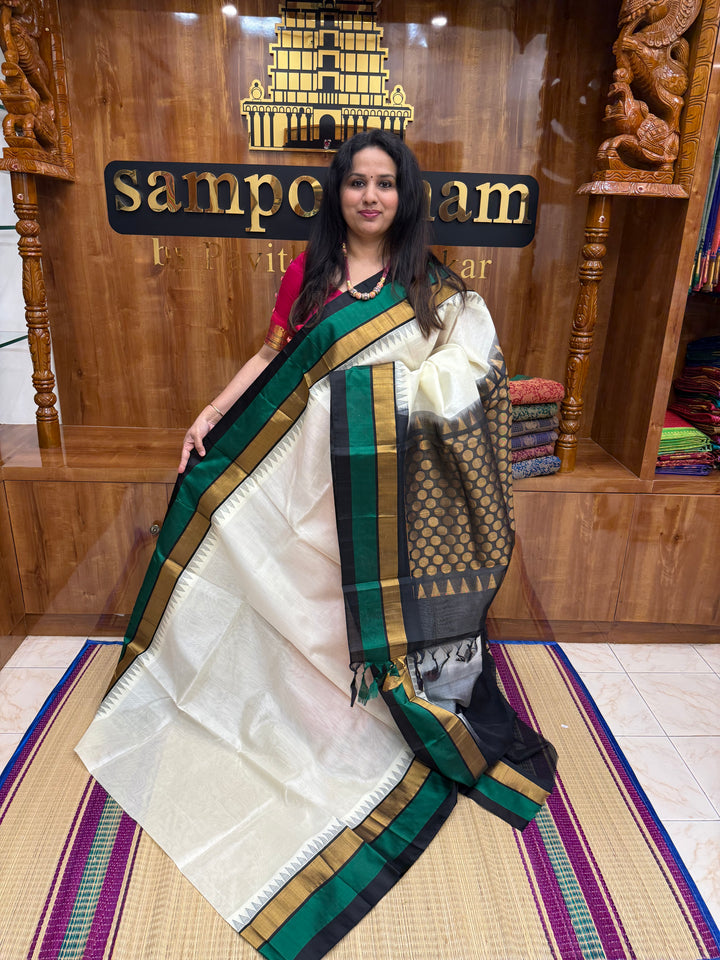 White with Black , Triple Temple Borders and rich Pallu Korvai Silk Cotton Saree