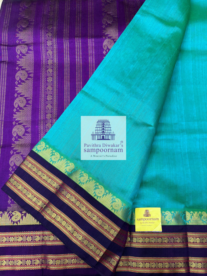 Ramar Blue with Purple , Temple design with rettapet border and rich Pallu Korvai Silk Cotton Saree
