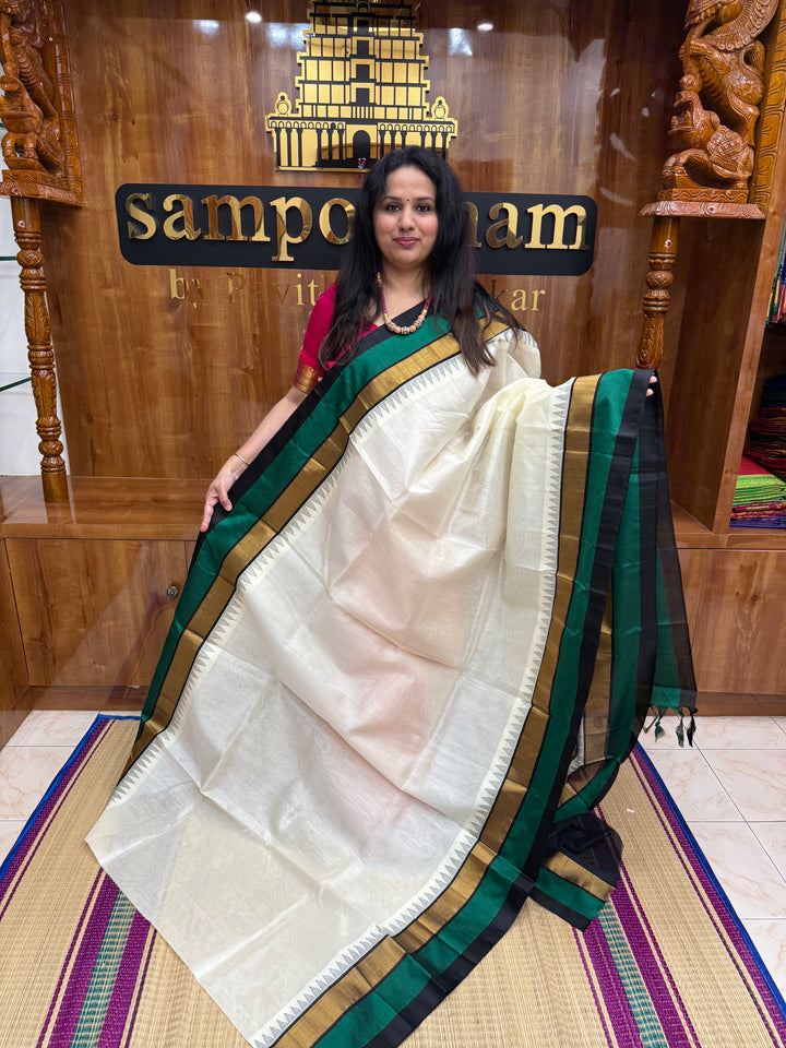 White with Black , Triple Temple Borders and rich Pallu Korvai Silk Cotton Saree