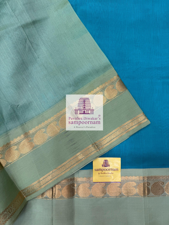 Light Blue with Pastel Green , rettapet border and rich Pallu Korvai Silk Cotton Saree