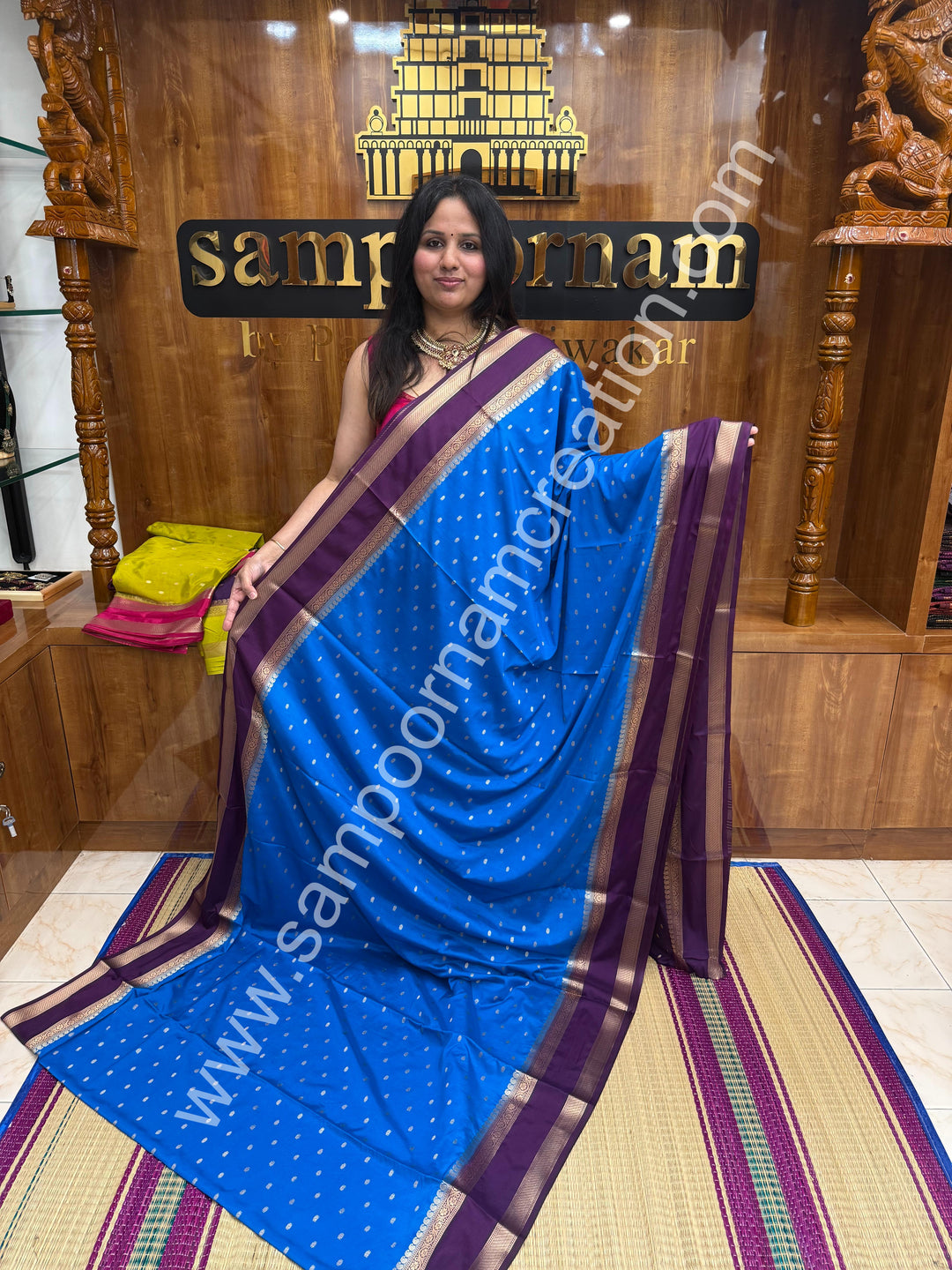 Royal Blue with Jamun , Rich Rettapet Borders and Pallu Semi Mysore Silk Saree