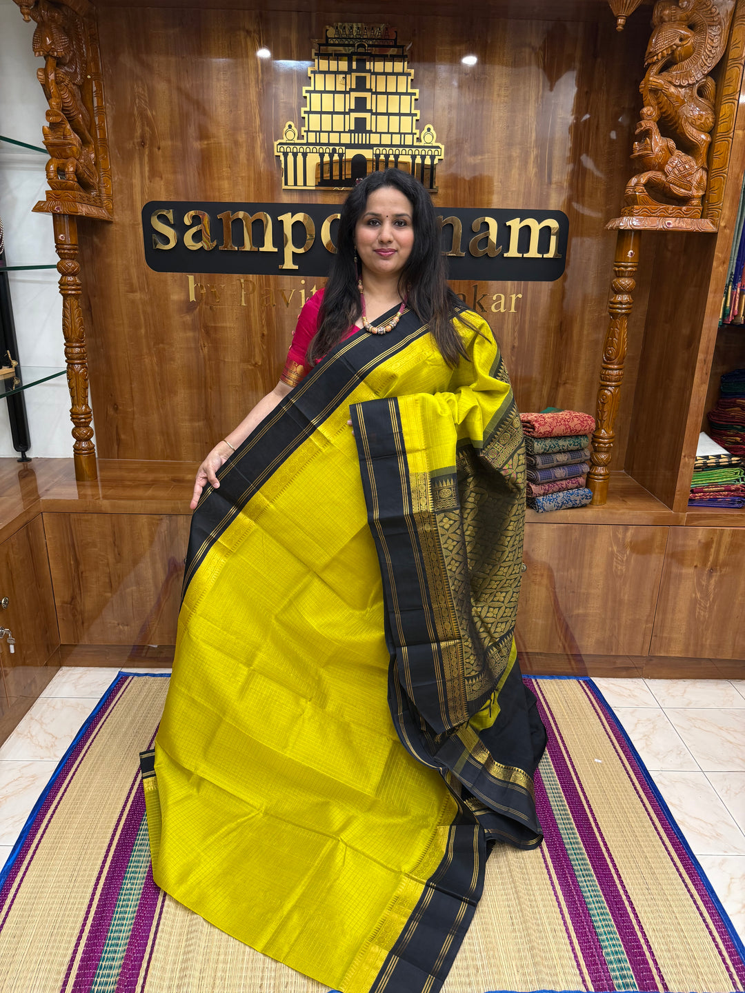 Lemon Yellow with Black , Rich Zari checks in the body , rettapet borders and rich Pallu Korvai Silk Cotton Saree