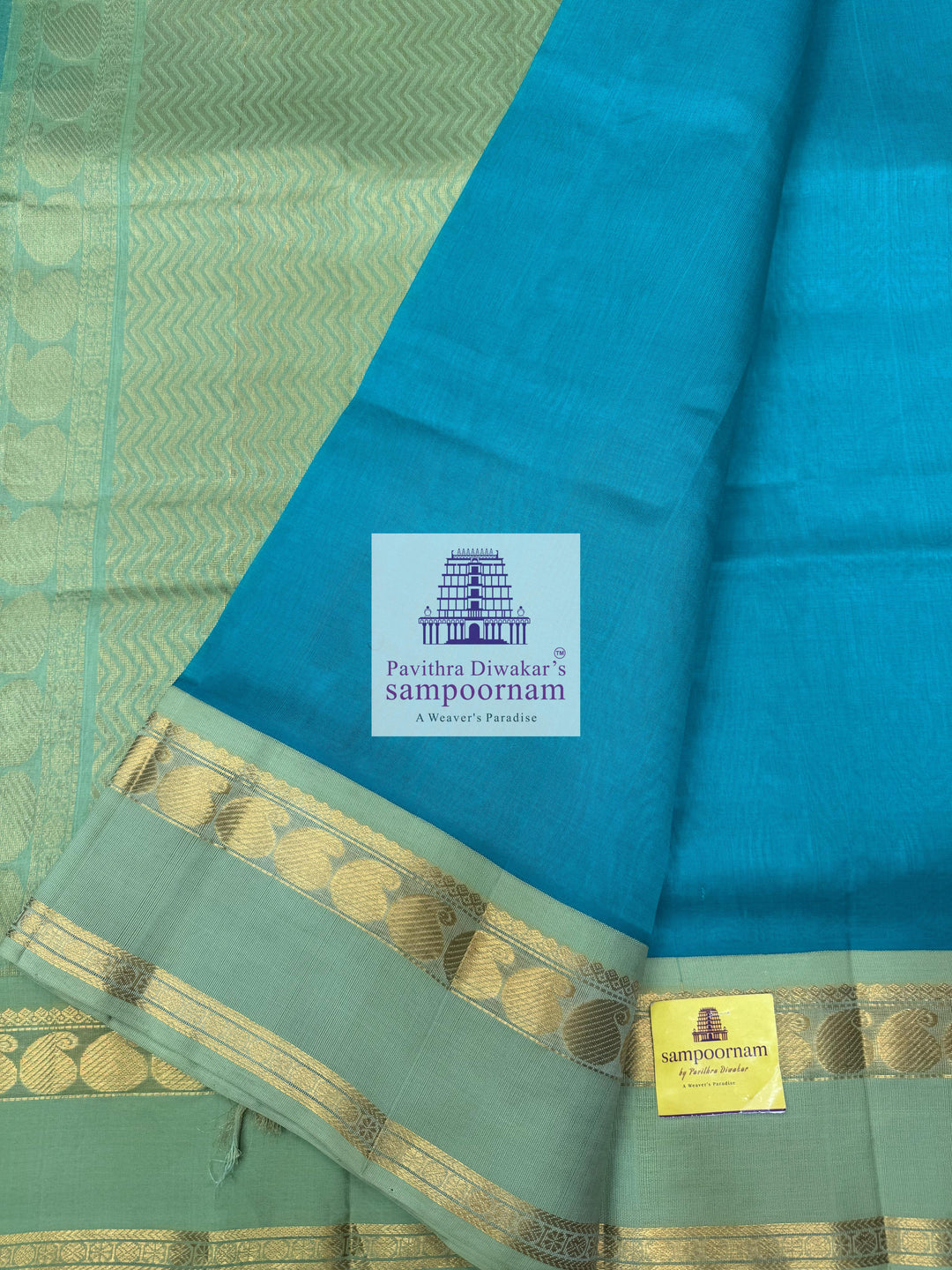 Light Blue with Pastel Green , rettapet border and rich Pallu Korvai Silk Cotton Saree