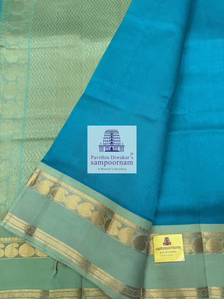 Light Blue with Pastel Green , rettapet border and rich Pallu Korvai Silk Cotton Saree