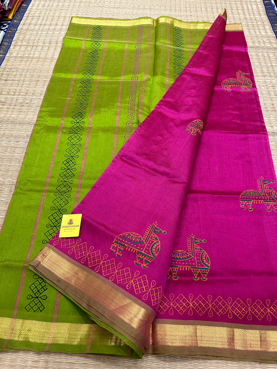 Magenta And Green Terracota Handblock Printed Silk Cotton Saree