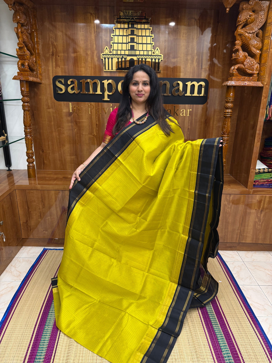 Lemon Yellow with Black , Rich Zari checks in the body , rettapet borders and rich Pallu Korvai Silk Cotton Saree