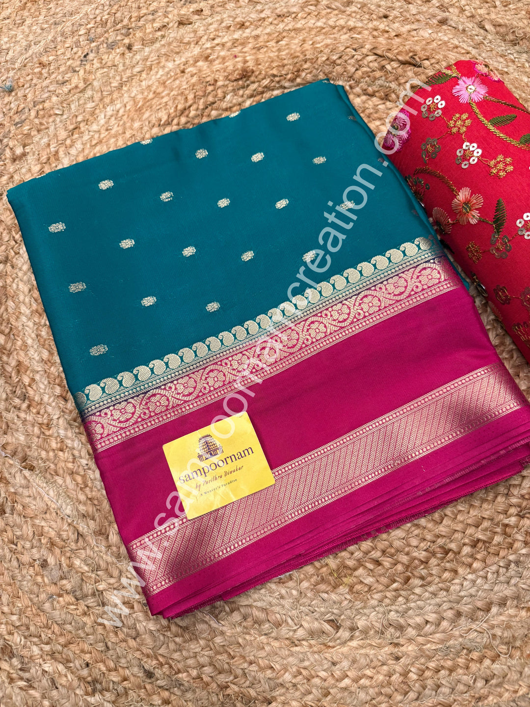 Jade Green with Rani Pink  , Rich Rettapet Borders and Pallu Semi Mysore Silk Saree
