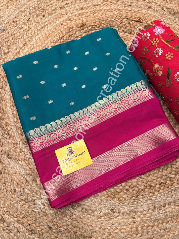 Jade Green with Rani Pink  , Rich Rettapet Borders and Pallu Semi Mysore Silk Saree