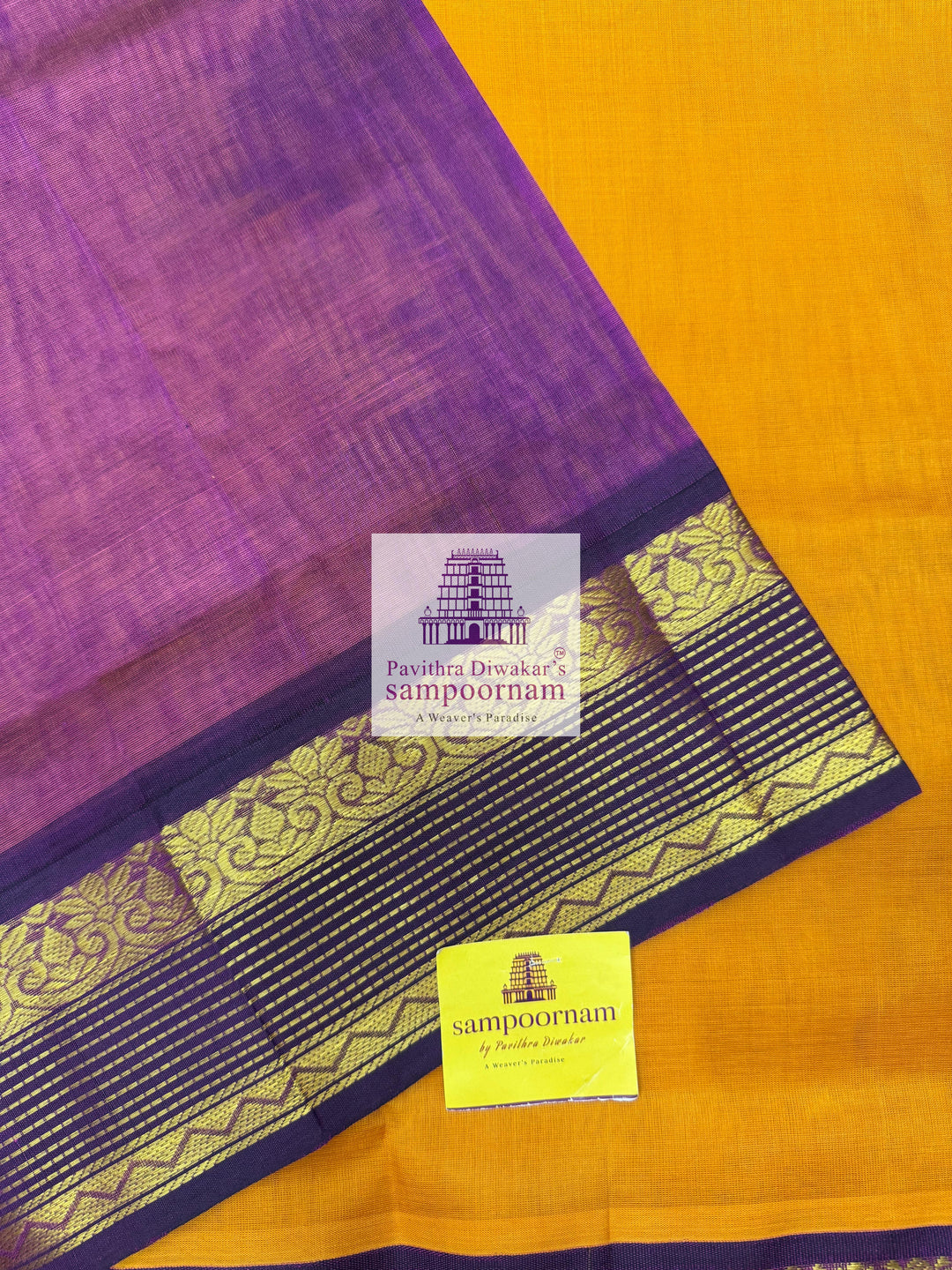 Manjal with Purple , rettapet borders and grand Pallu Korvai Silk Cotton Saree.