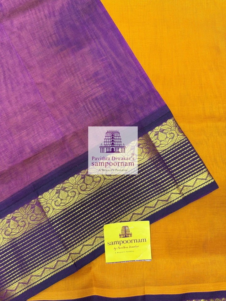 Manjal with Purple , rettapet borders and grand Pallu Korvai Silk Cotton Saree.