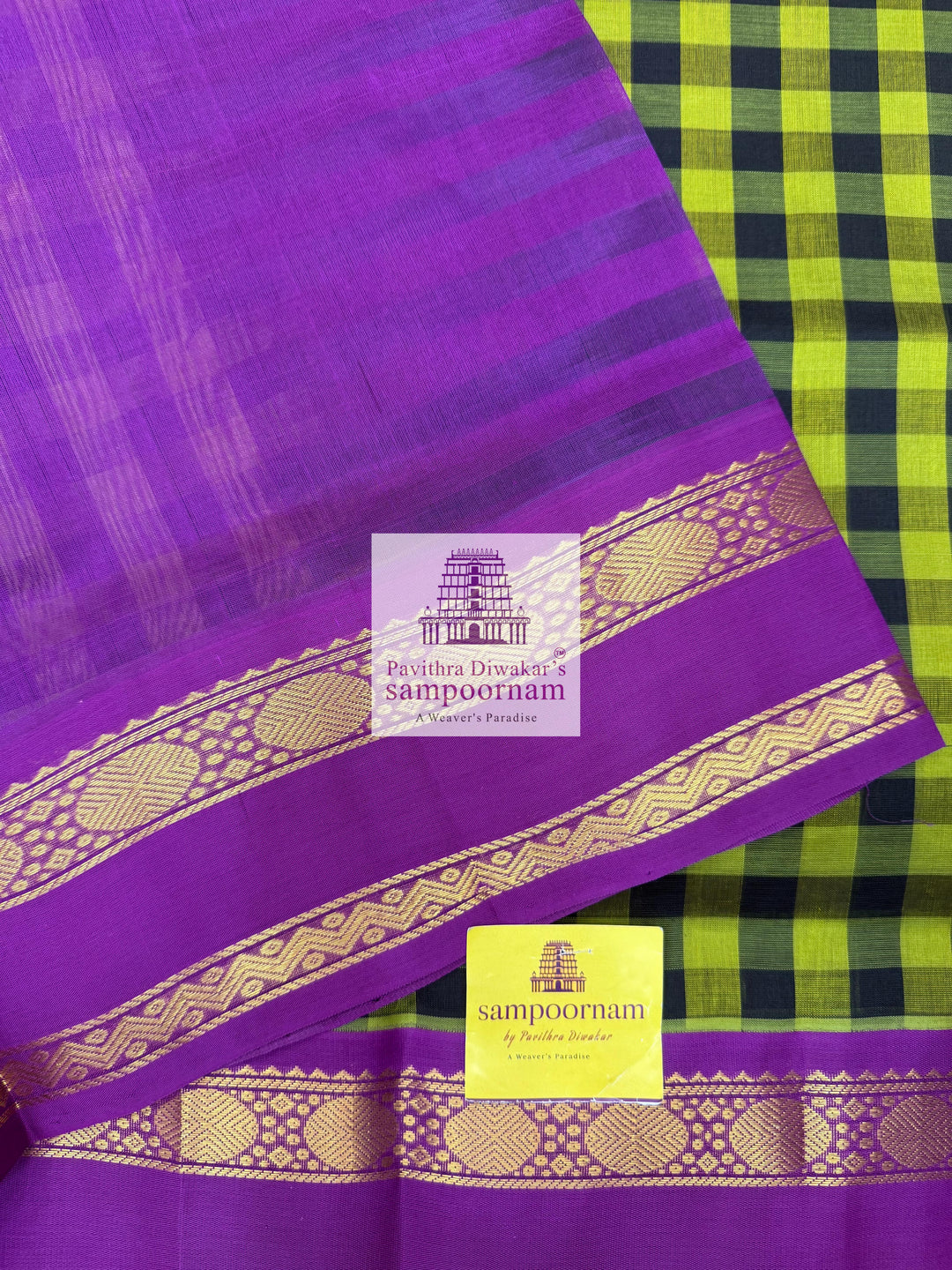 Green & Black with Purple Paalum Pazham Kattam , rettapet border and grand Pallu Korvai Silk Cotton Saree