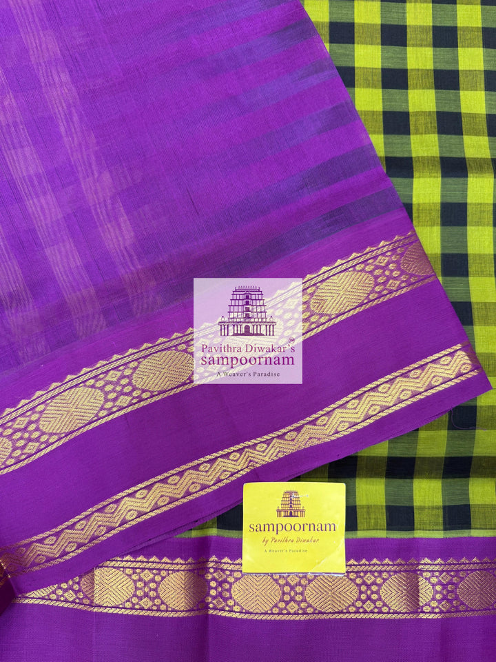 Green & Black with Purple Paalum Pazham Kattam , rettapet border and grand Pallu Korvai Silk Cotton Saree