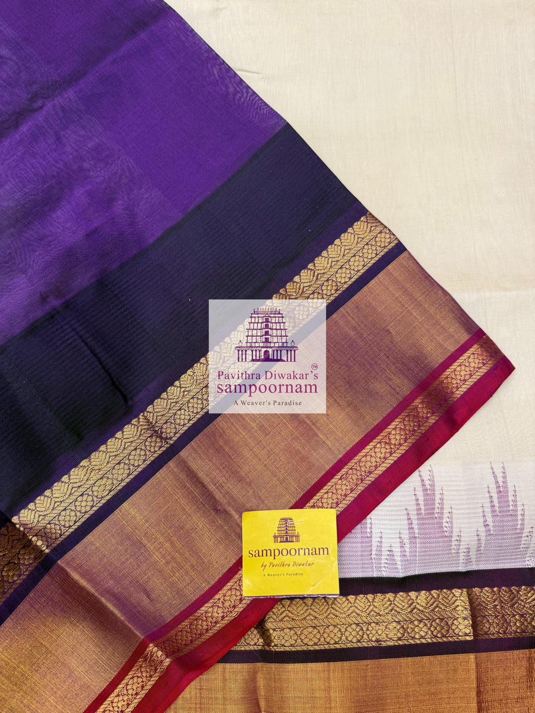 Offwhite with Purple , One side triple coloured rich Temple Tissue border , Grand Pallu Korvai Silk Cotton Saree