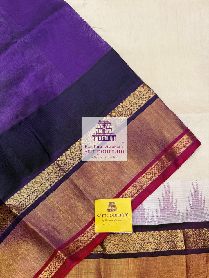 Offwhite with Purple , One side triple coloured rich Temple Tissue border , Grand Pallu Korvai Silk Cotton Saree