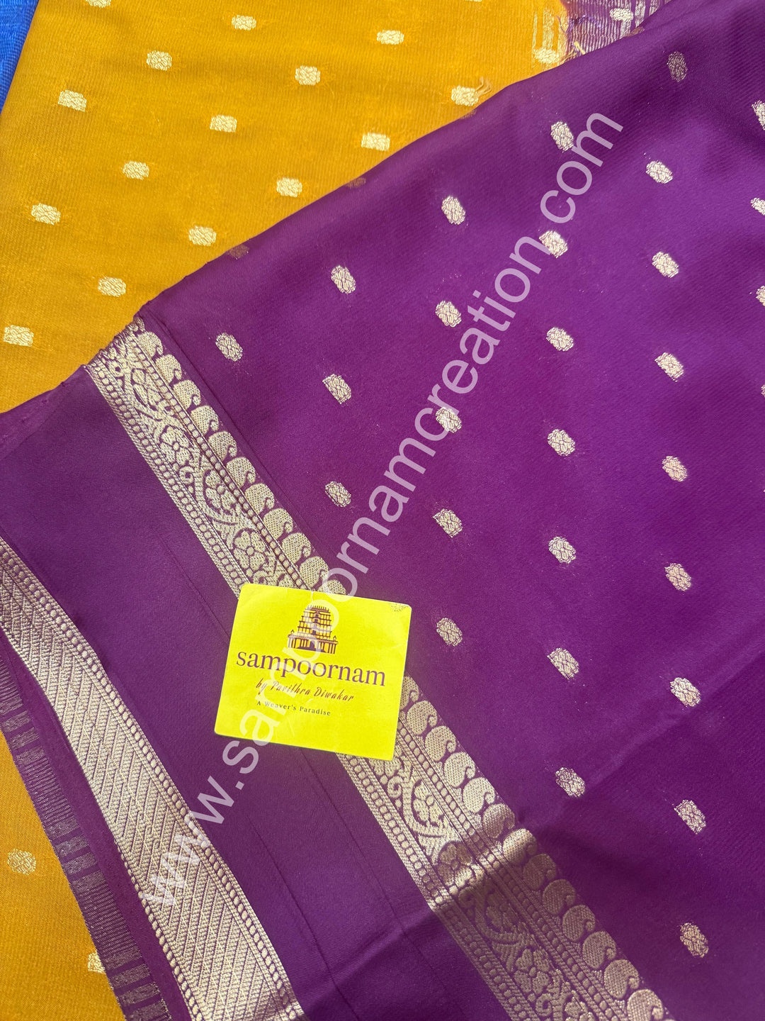 Goldenrod Yellow with Plum  , Rich Rettapet Borders and Pallu Semi Mysore Silk Saree