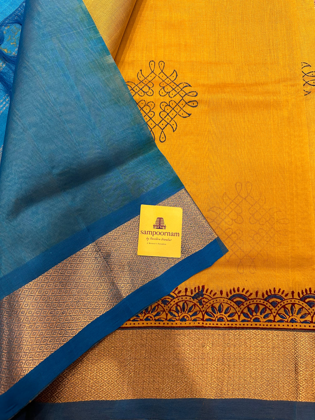 Yellow And Blue Kolam Handblock Pritned Silk Cotton Saree