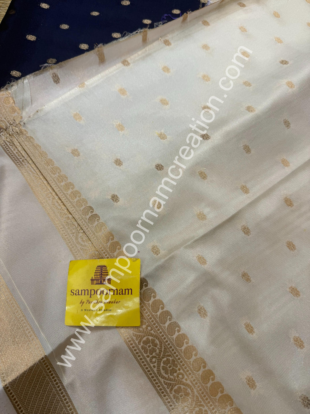 Night Blue with Cream  , Rich Rettapet Borders and Pallu Semi Mysore Silk Saree