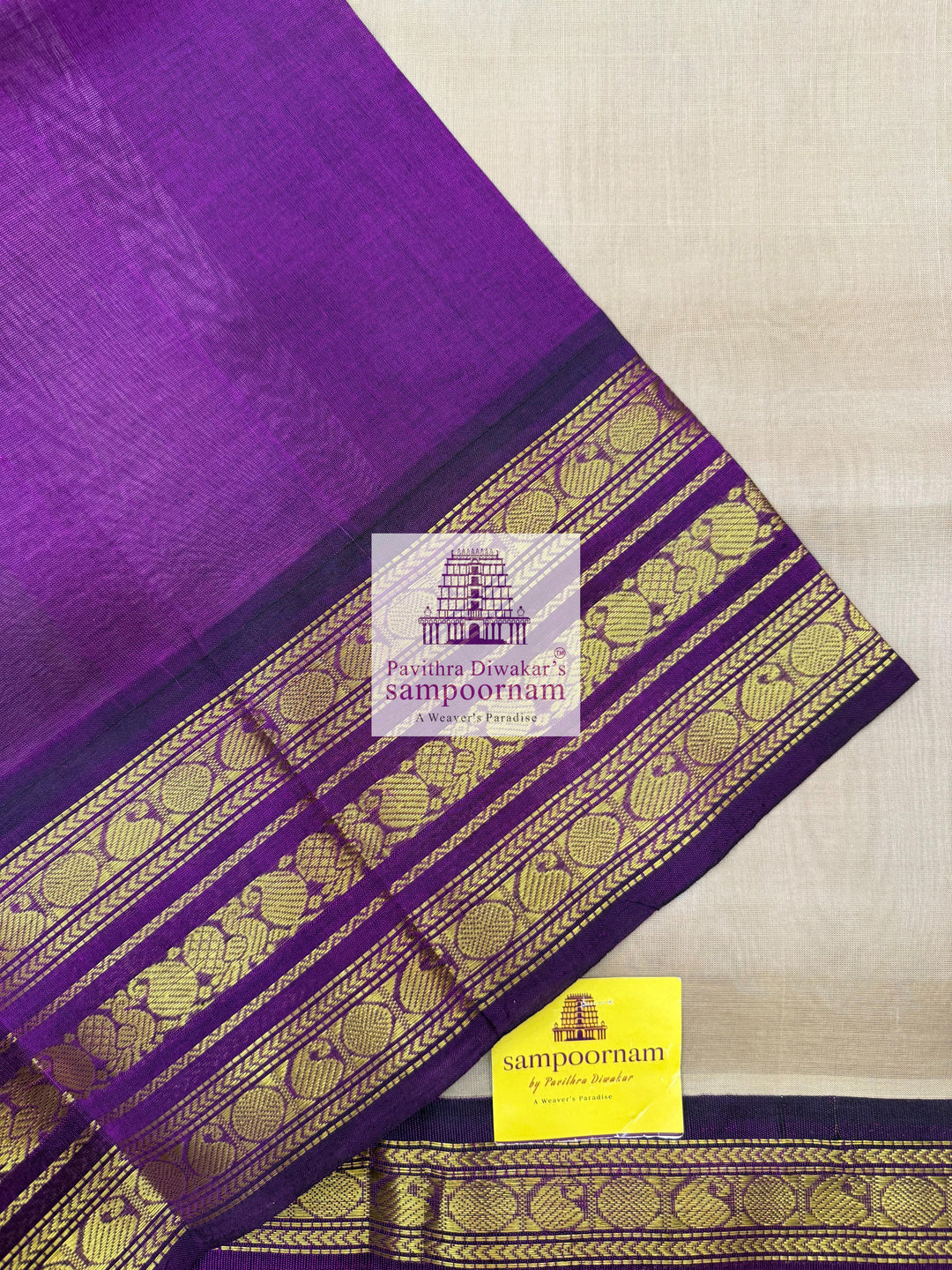 Beige with Purple , Kanchi traditional borders and rich Pallu Korvai Silk Cotton Saree