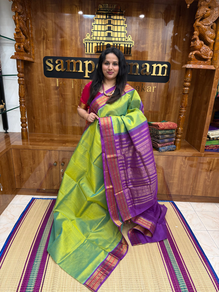 Double Sea Green with Purple , Traditional Borders and Rich Pallu Korvai Silk Cotton Saree