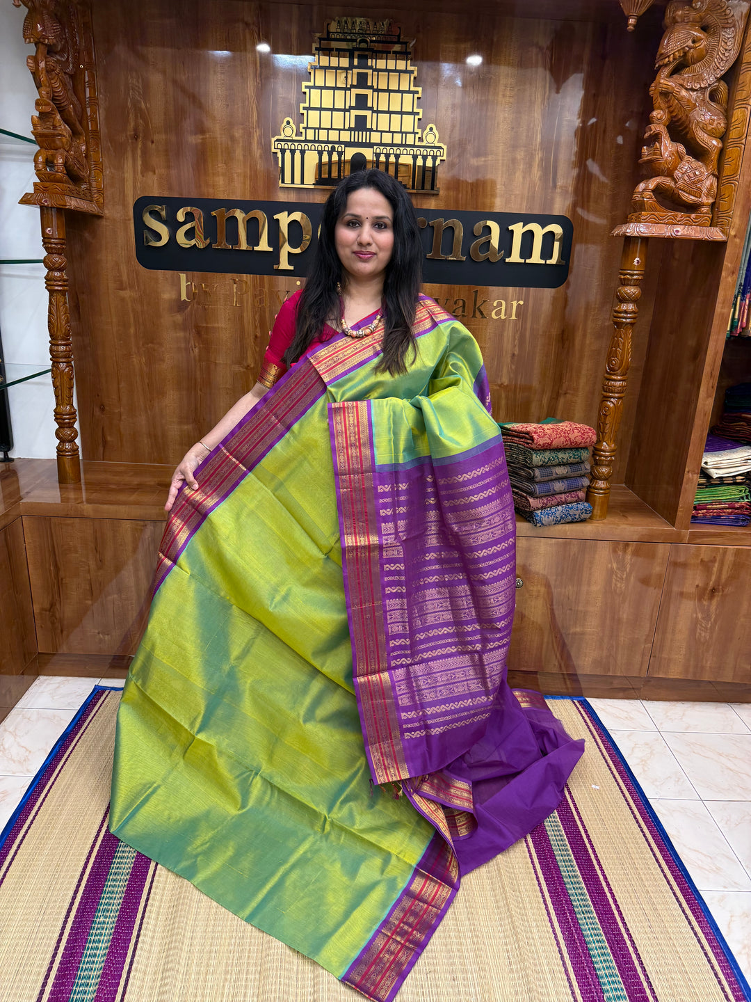 Double Sea Green with Purple , Traditional Borders and Rich Pallu Korvai Silk Cotton Saree