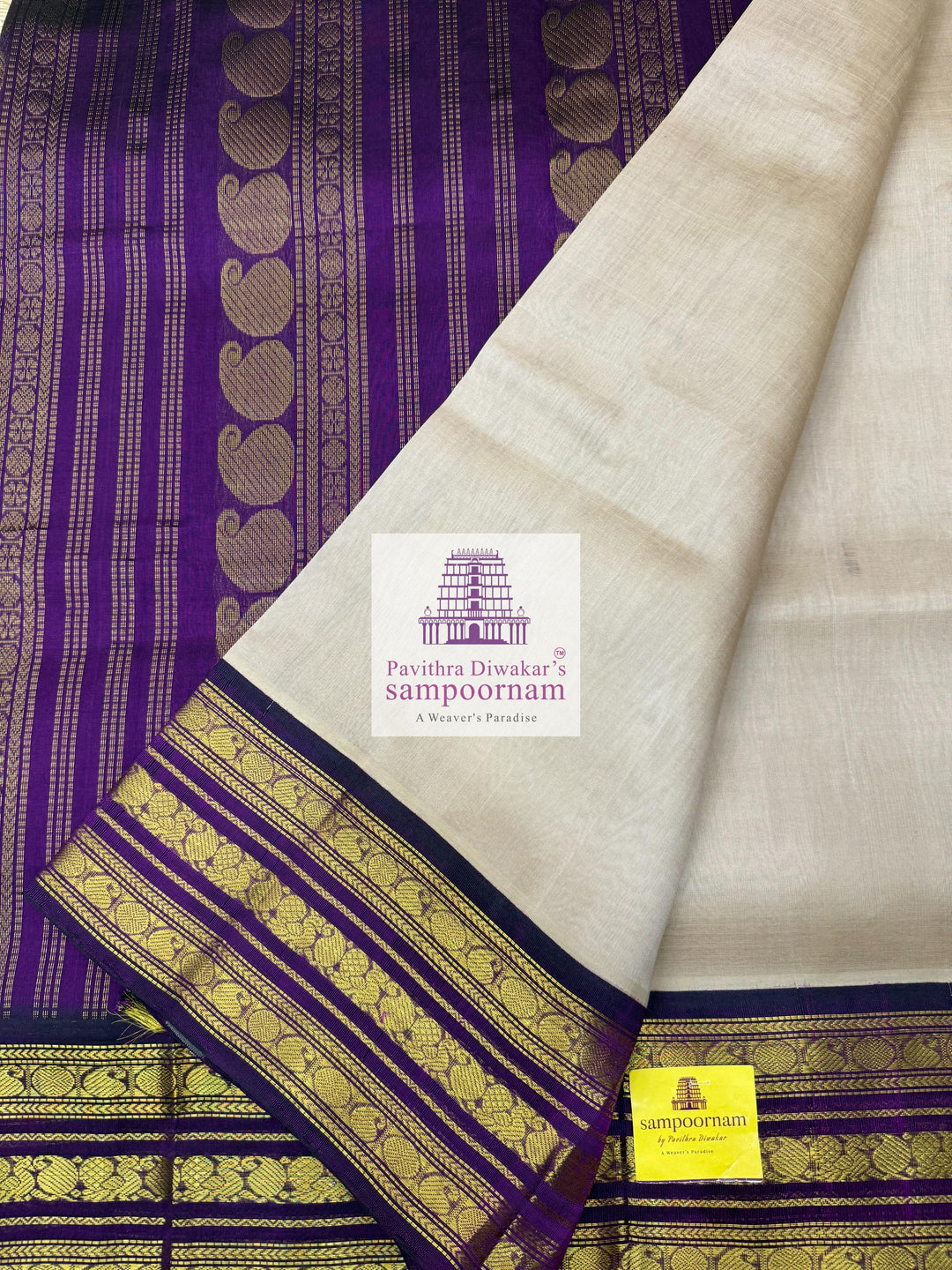 Beige with Purple , Kanchi traditional borders and rich Pallu Korvai Silk Cotton Saree