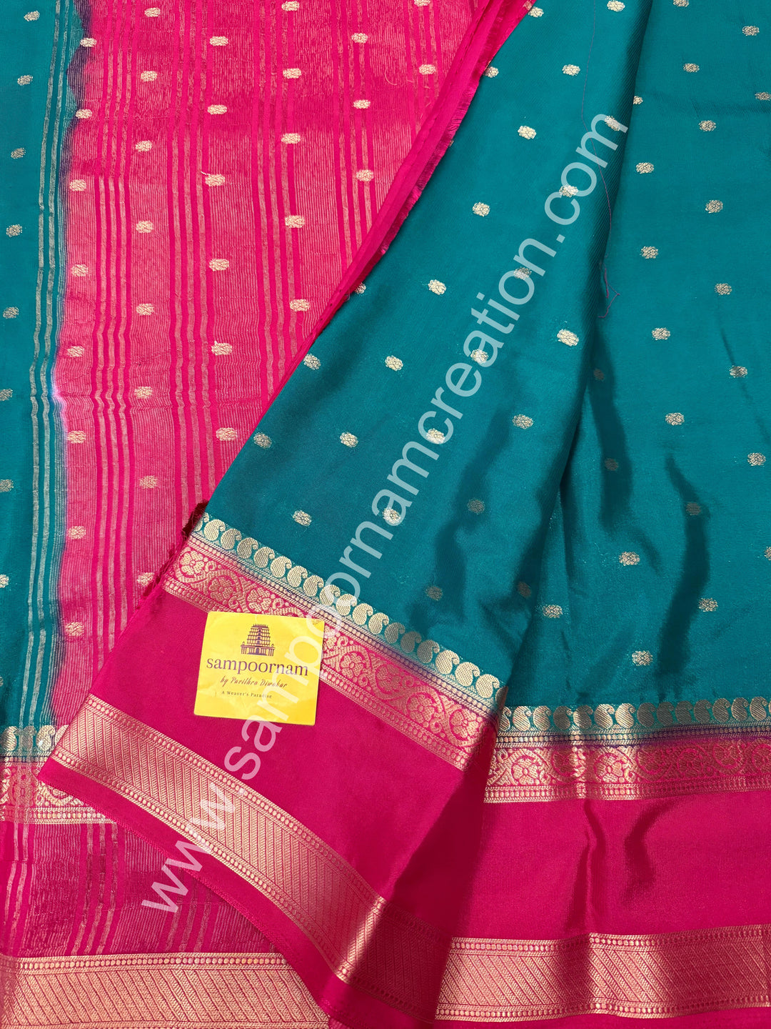 Jade Green with Rani Pink  , Rich Rettapet Borders and Pallu Semi Mysore Silk Saree