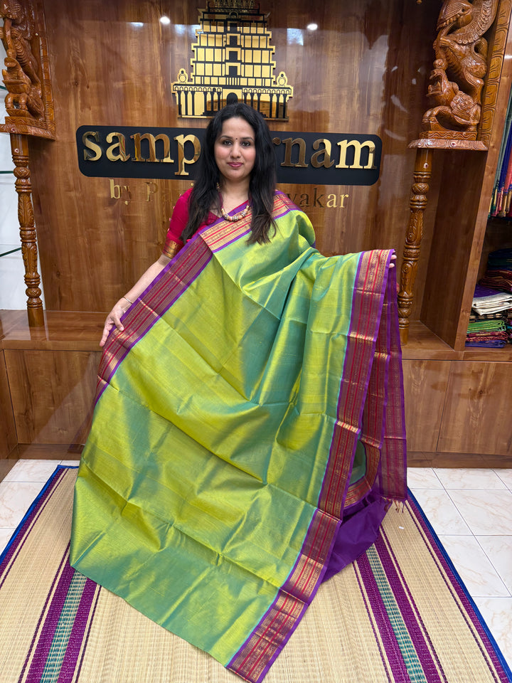 Double Sea Green with Purple , Traditional Borders and Rich Pallu Korvai Silk Cotton Saree