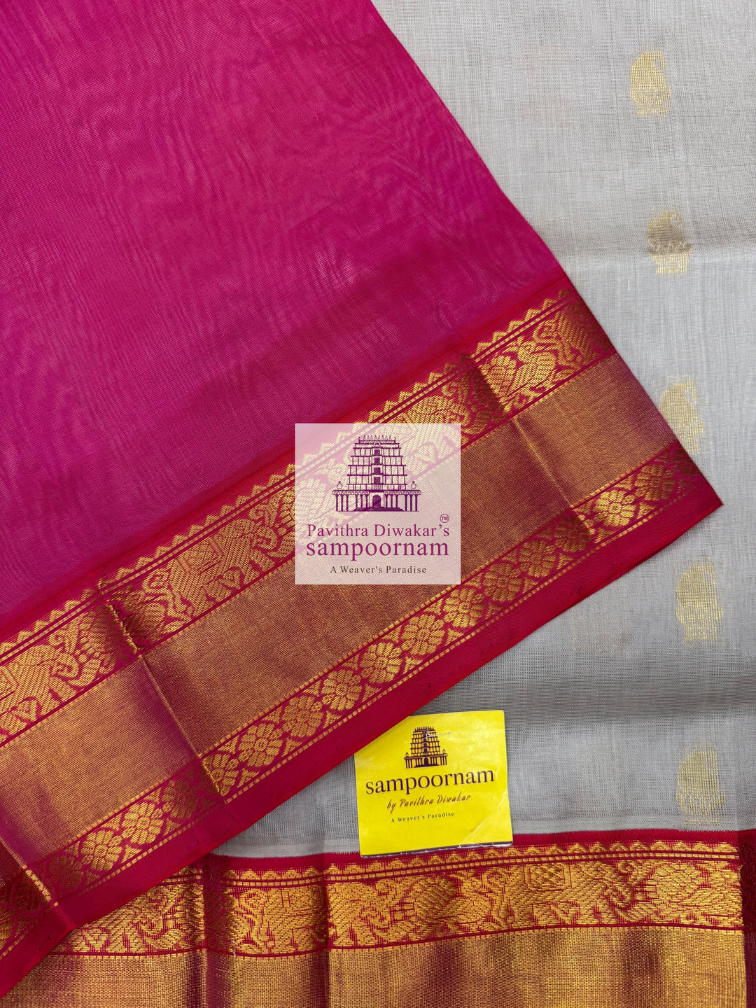 Grey with Pink , Zari Annam butta in the body , rettapet silk borders and rich Pallu Korvai Silk Cotton Saree