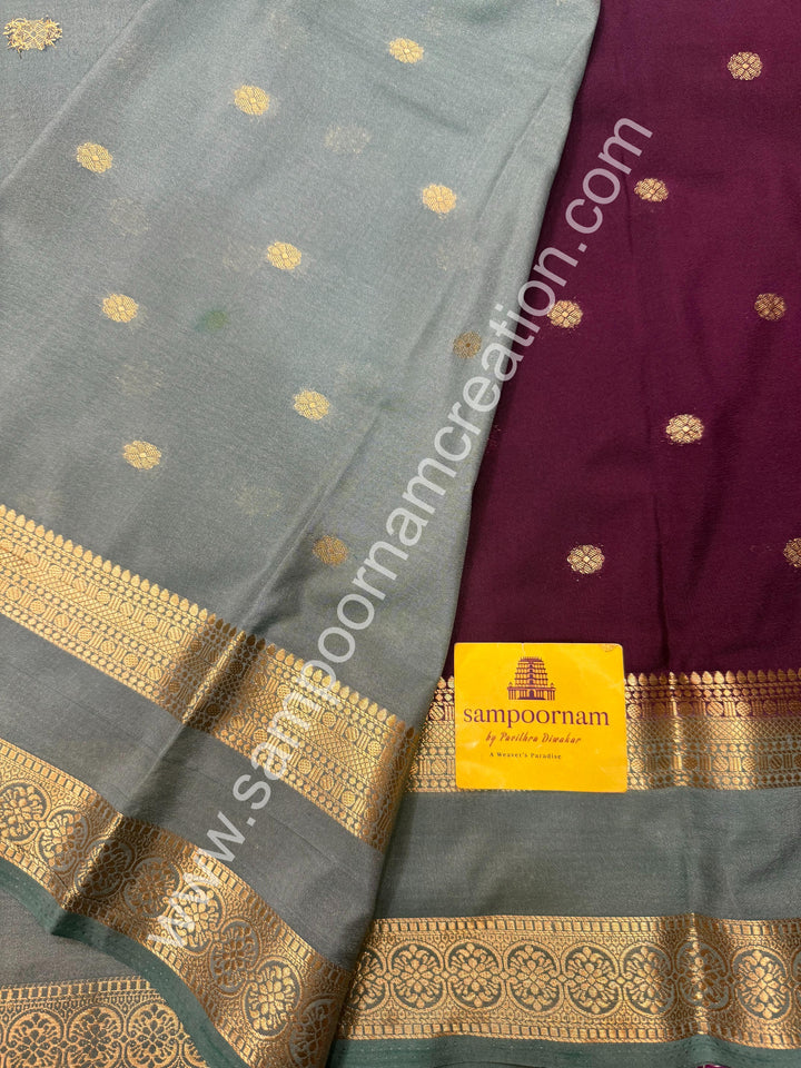 Deep Jamun with Steel Gray  , Rich Rettapet Borders and Pallu Semi Mysore Silk Saree