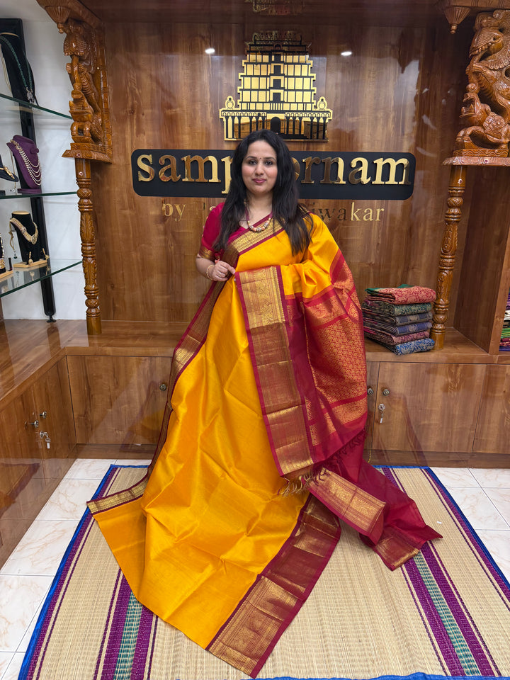 Mambazha Manjal with Dark Red , Traditional one side  long Borders and rich Pallu Korvai Silk Cotton Saree