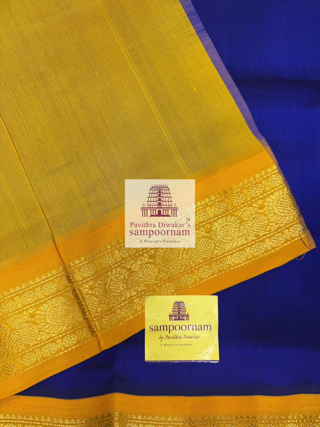 MS Blue with Yellow , traditional borders and rich Pallu Korvai Silk Cotton Saree